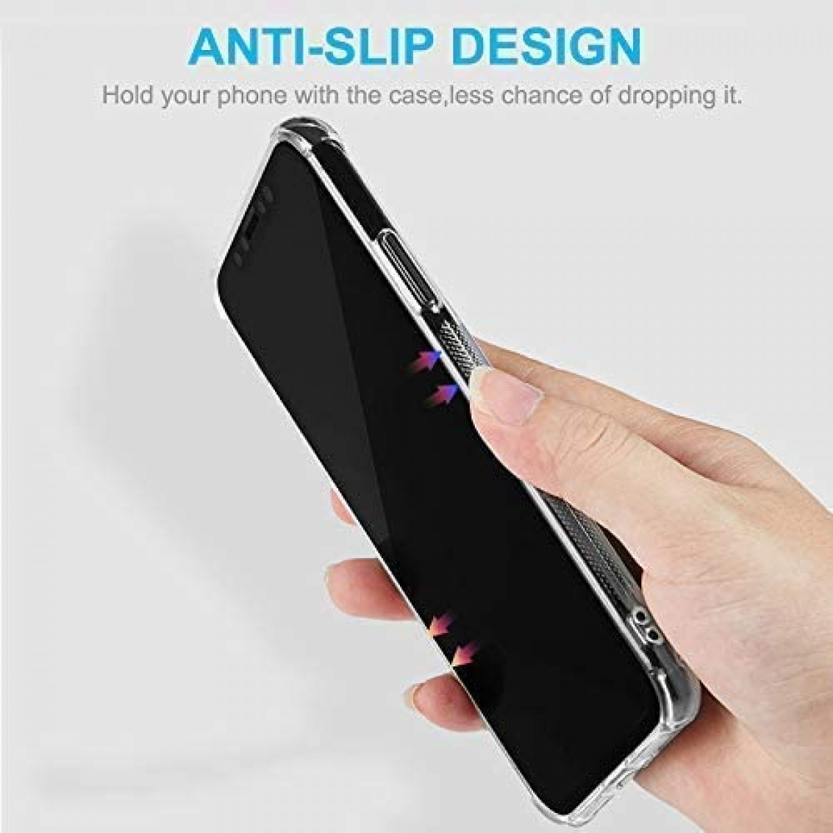 Eine Person, die ein Telefon in einer Hülle hält, der Text lautet Anti-Rutsch-Design.