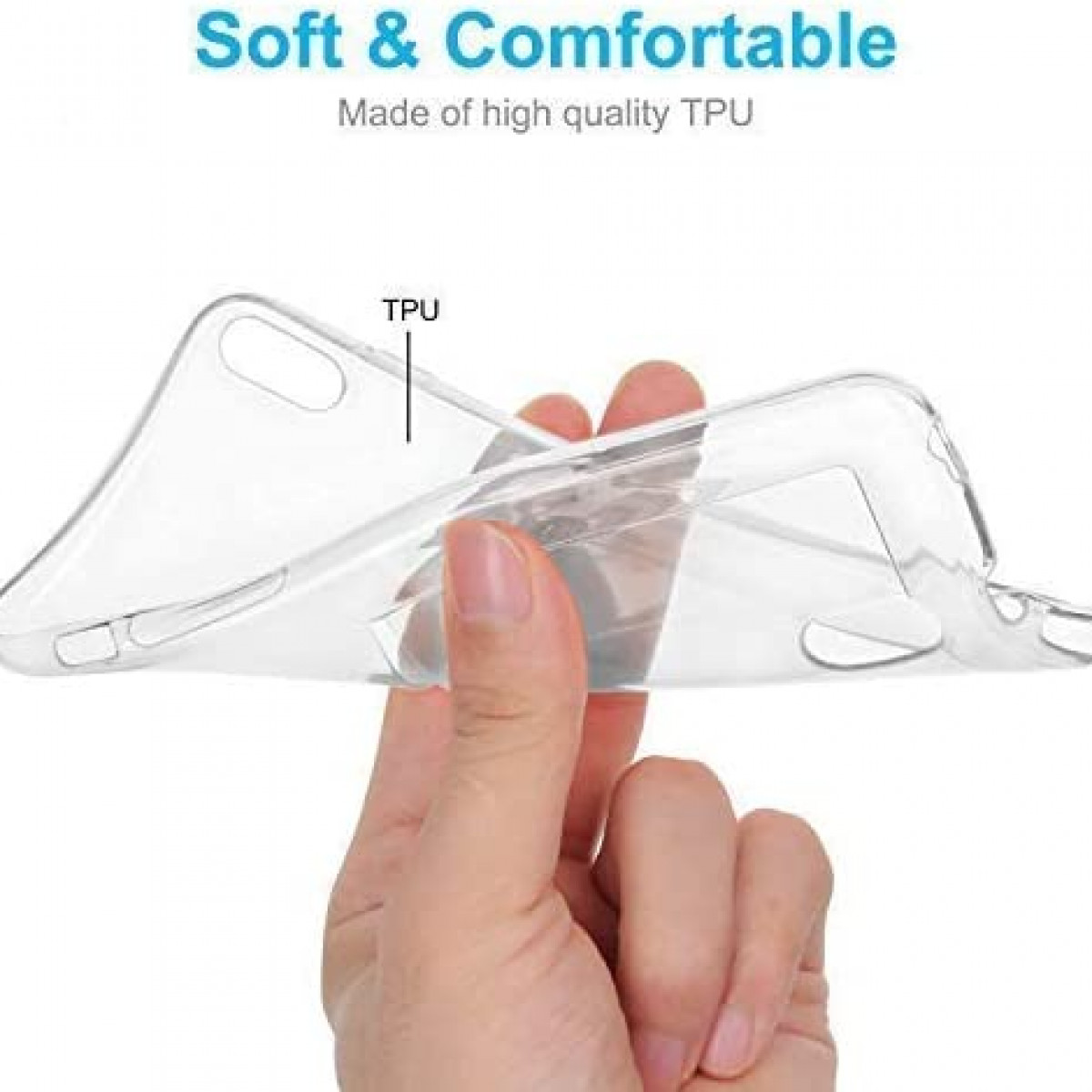 Durchsichtige Handyhülle in der Hand, Text 'Soft & Comfortable'.