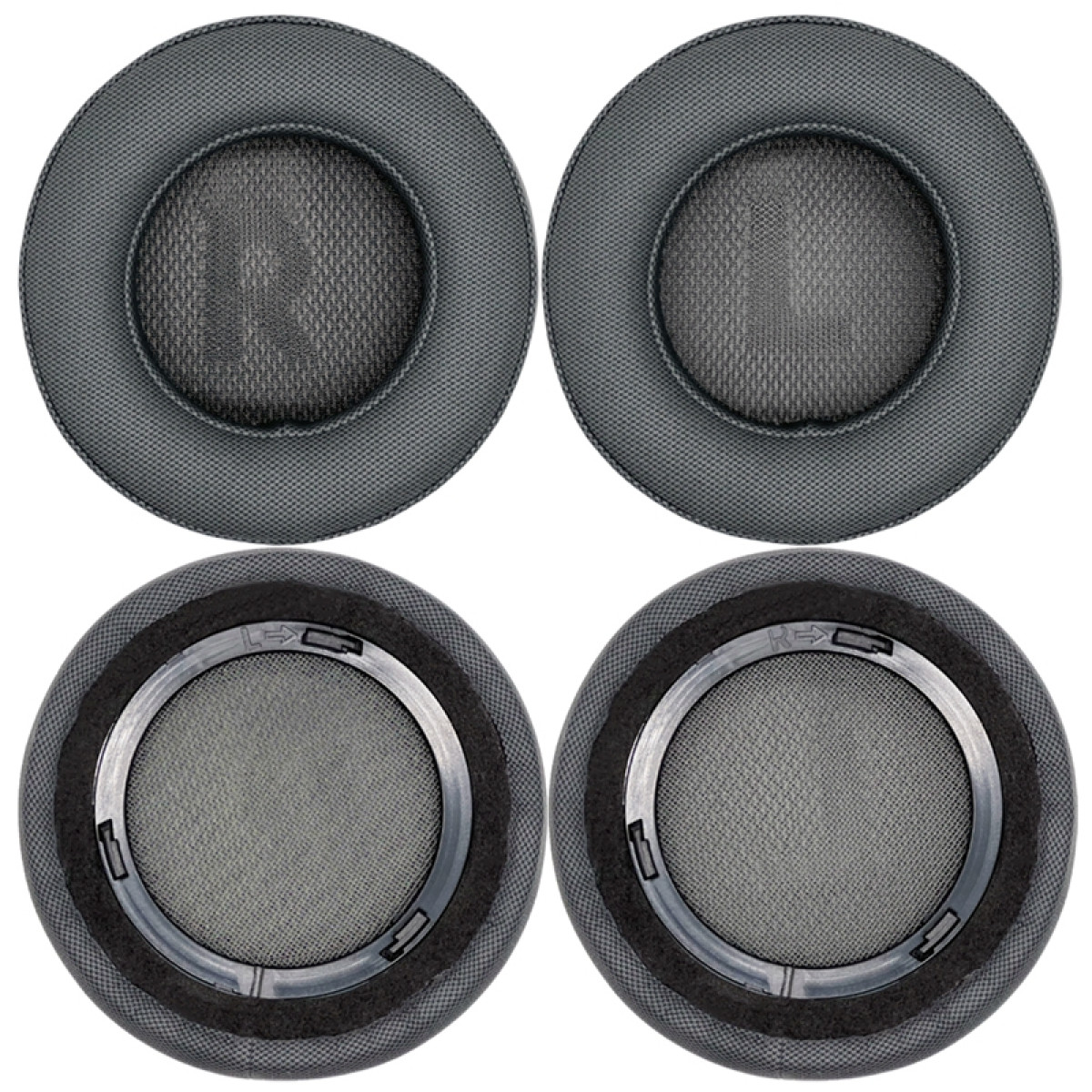 Cuatro almohadillas para auriculares grises y negras, dos con malla de tela y dos con espuma.