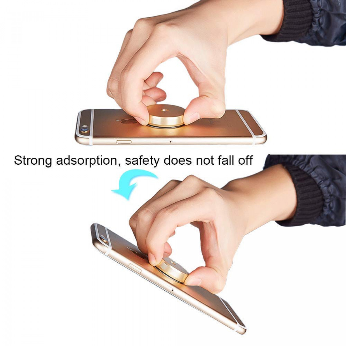 Telefon z magnetycznym mocowaniem pierścieniowym, który jest umieszczany i usuwany. Tekst: Silna adsorpcja, bezpieczeństwo nie spada.