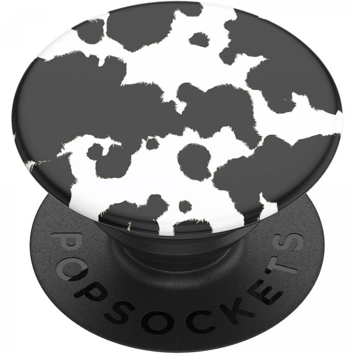 PopSockets-Griff mit schwarz-weißem Kuhmuster. Schwarze PopSockets-Basis.