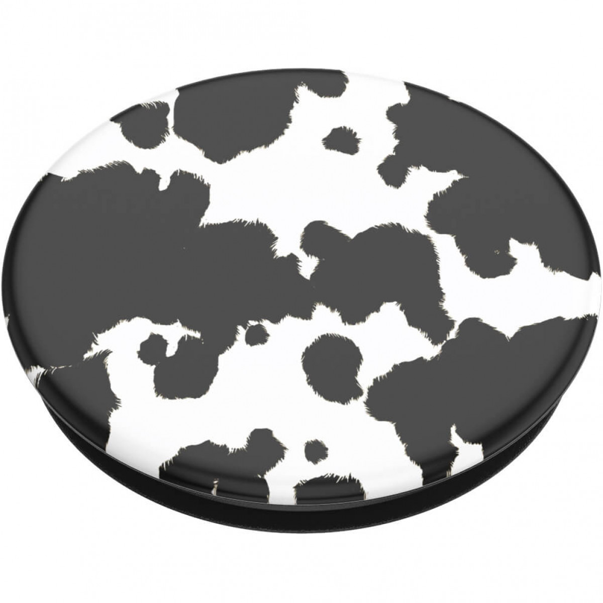 Runder Pop-Socket mit Kuhmuster-Design, schwarz-weiße Farben.