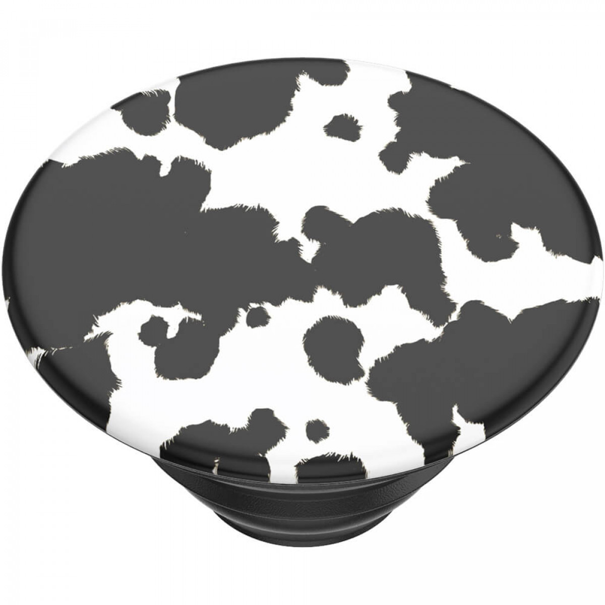 Schwarz-weißer PopSocket mit Kuhdruck auf weißem Hintergrund.