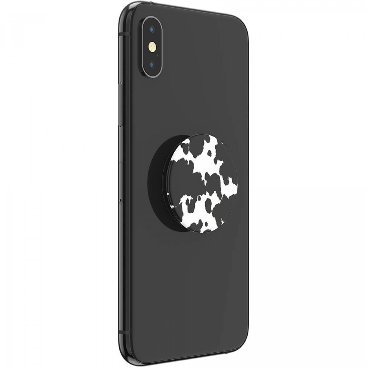 Schwarzes Telefon mit weißem und schwarzem Kuhmuster-Pop-Socket.