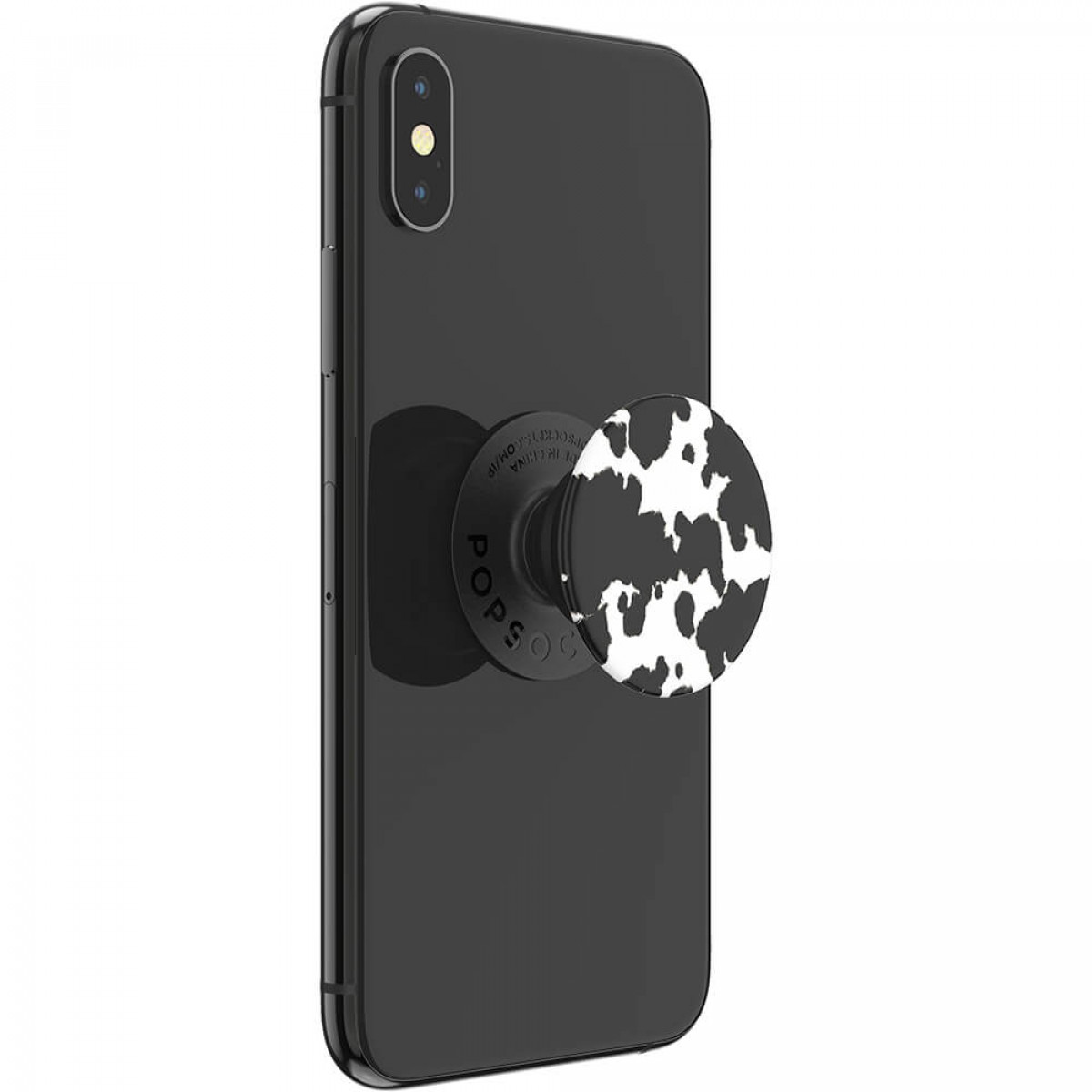 Schwarzes Telefon mit einem PopSocket im Kuhmuster.