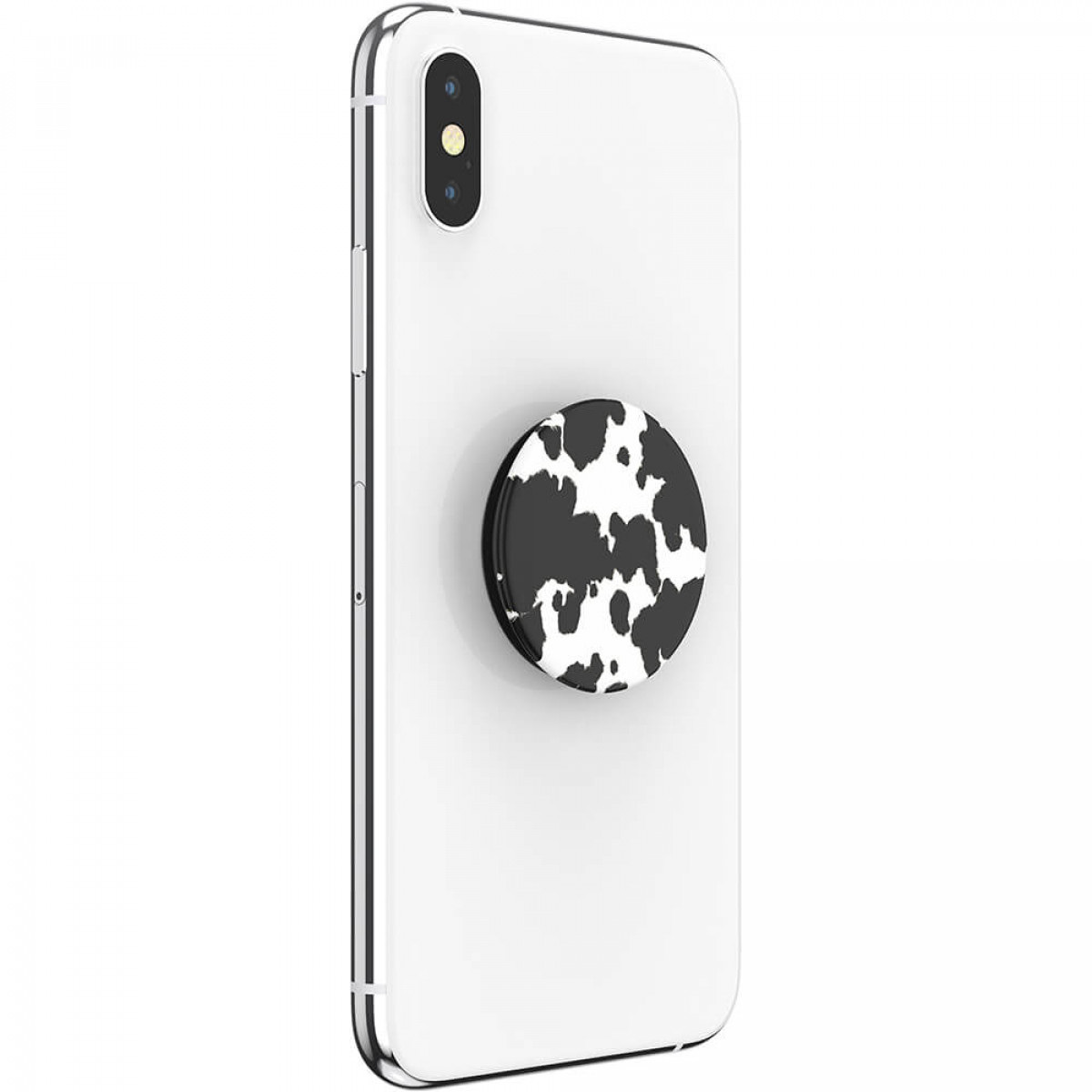 Weißes Telefon mit einem PopSocket mit Kuhdruck. Der PopSocket ist schwarz und weiß.