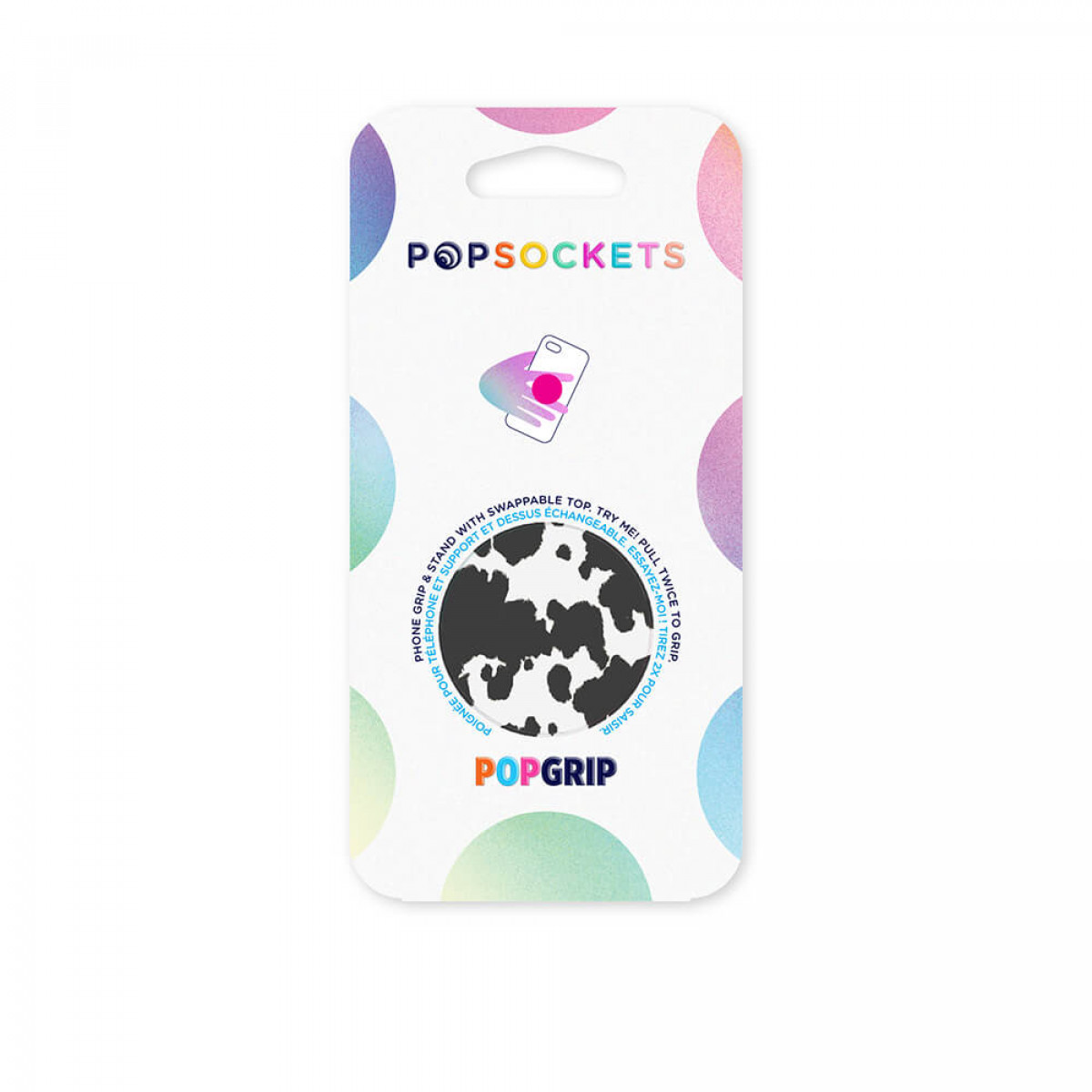 PopSockets-Verpackung mit einem Kuhmuster-PopGrip und Marketingtext.