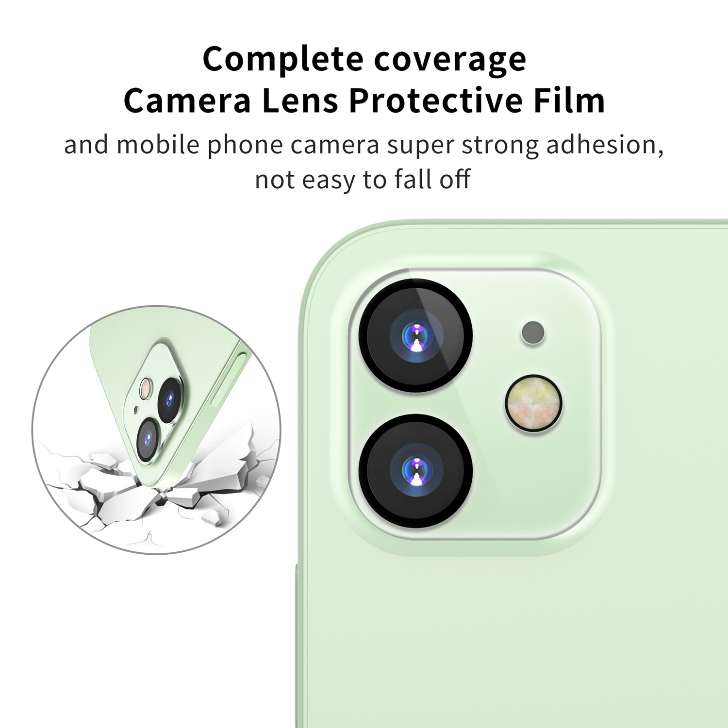 Un telefono con lenti della fotocamera protette da una pellicola, con una superficie incrinata.