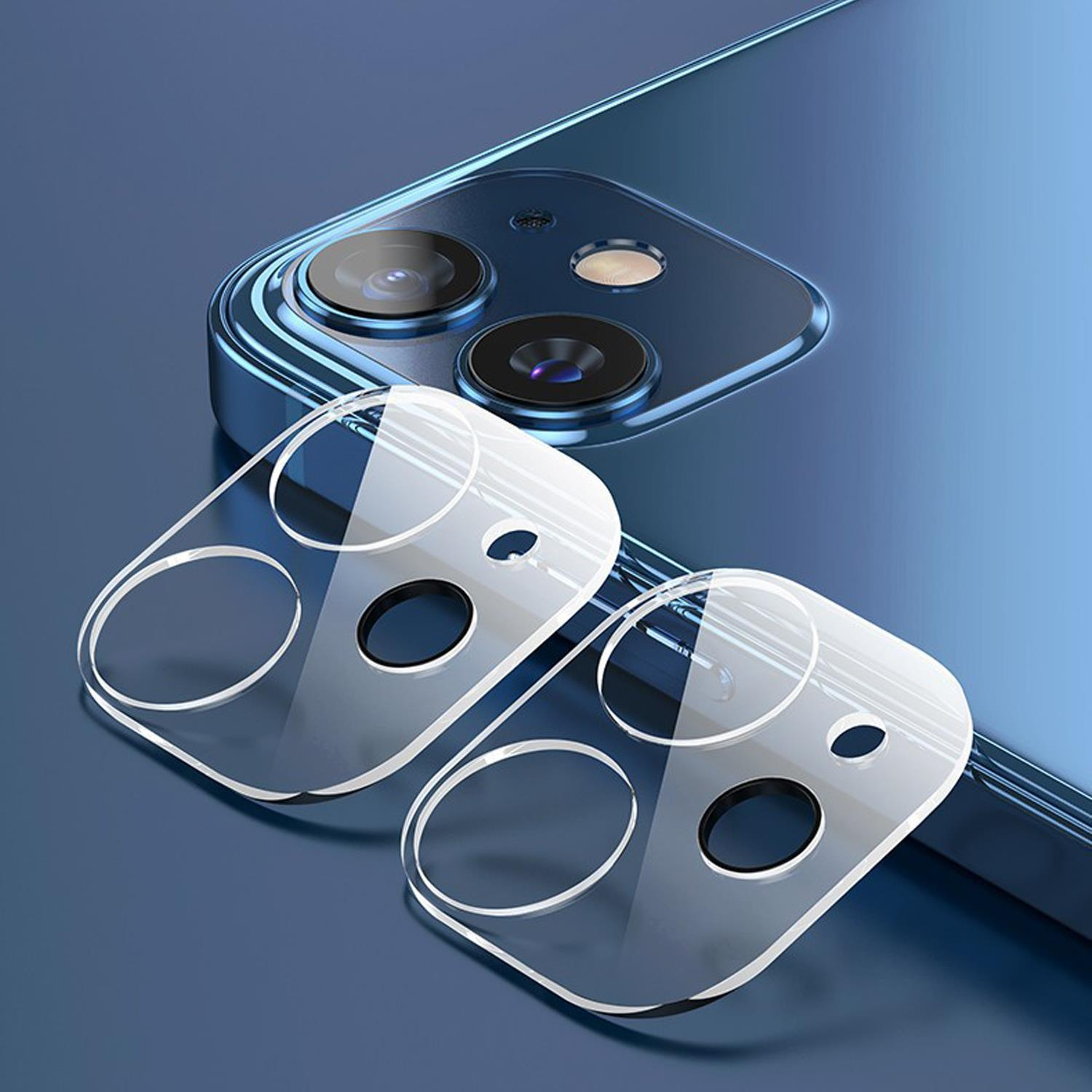 Protezioni trasparenti per lenti della fotocamera sul retro di un telefono blu.