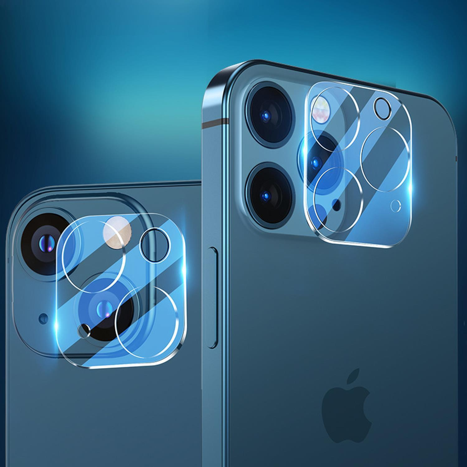 Telefono blu con due protezioni per lenti della fotocamera. Sfondo blu, primo piano.