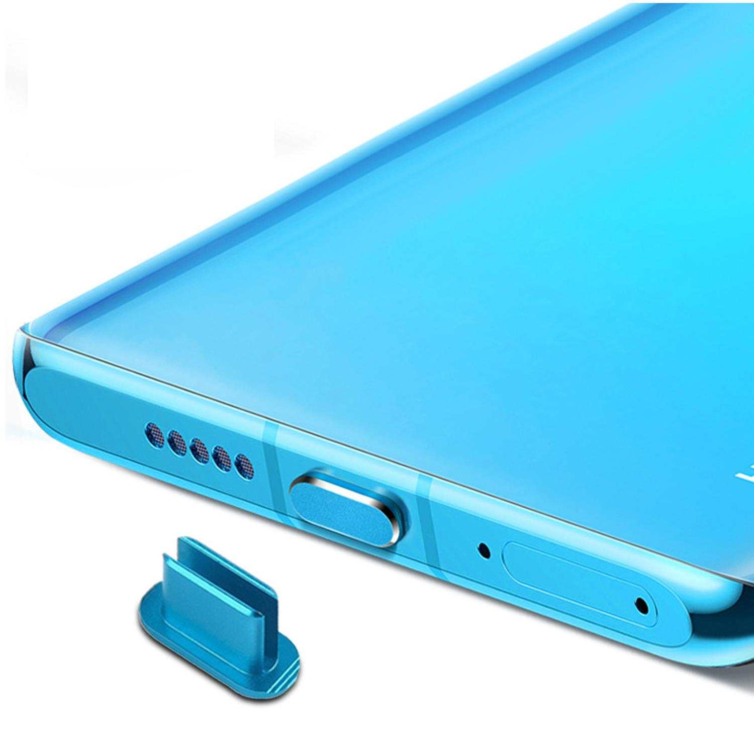Un primo piano di un telefono blu con una porta e un pulsante blu.