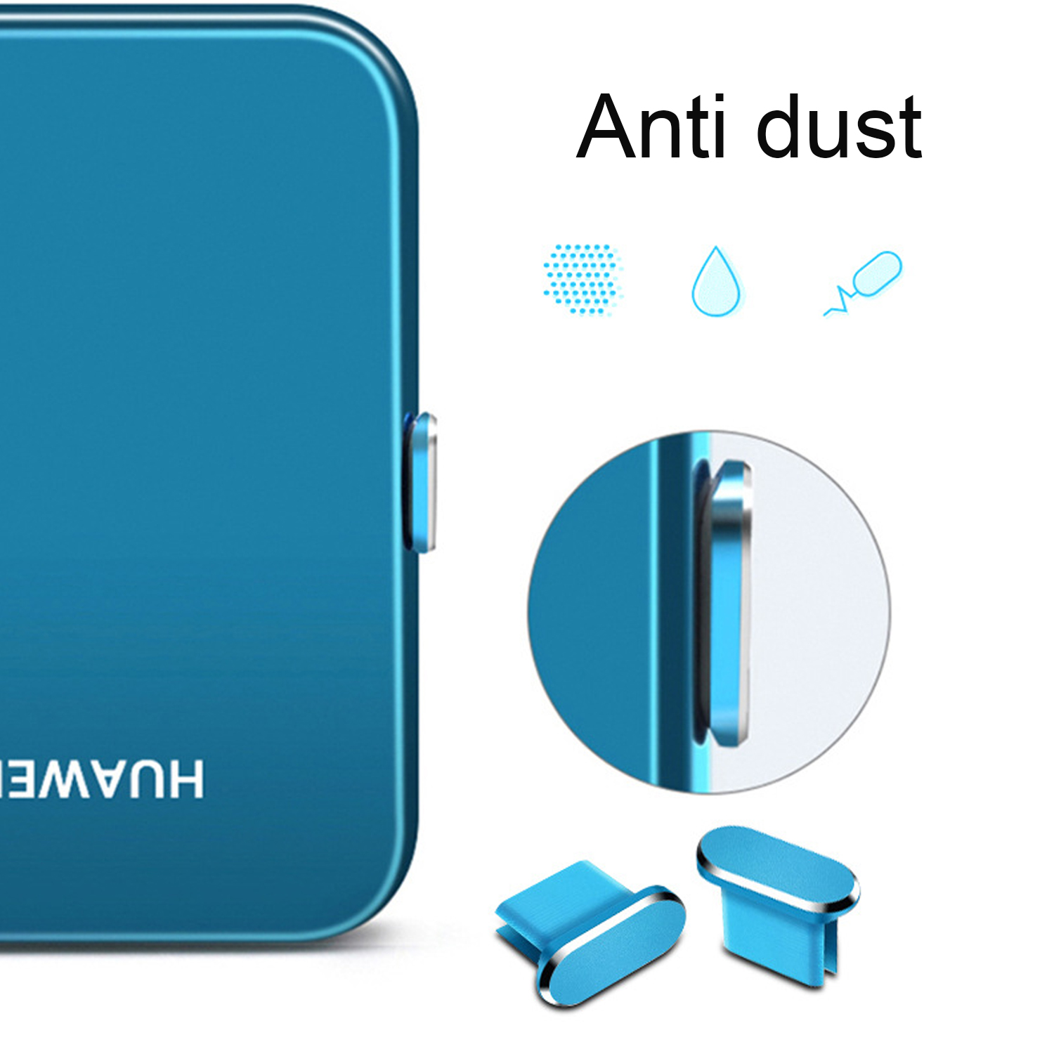 Telefono blu con pulsanti antipolvere, piccolo dettaglio circolare e pulsanti.