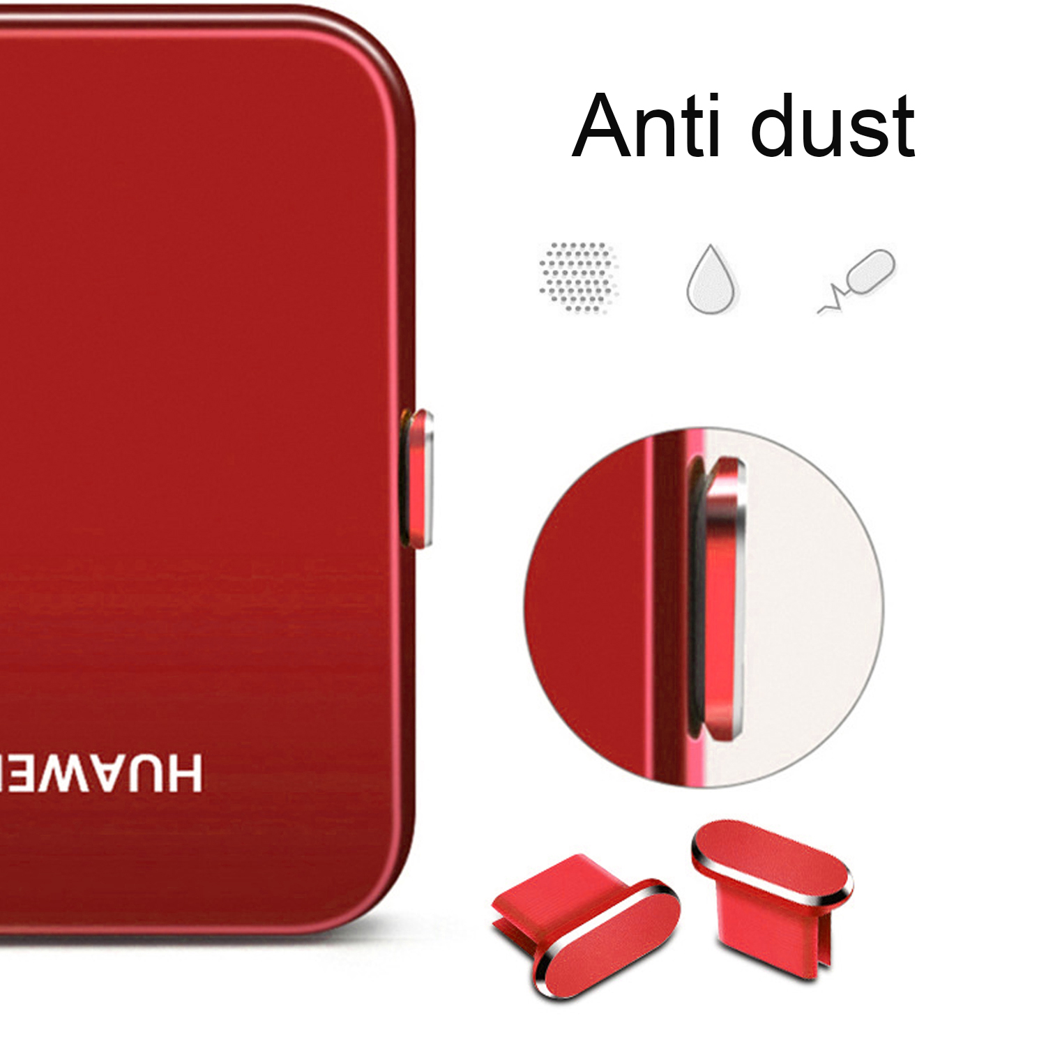 Un telefono rosso con tappi antipolvere. Il testo 'Anti polvere' e le icone correlate sono presenti.