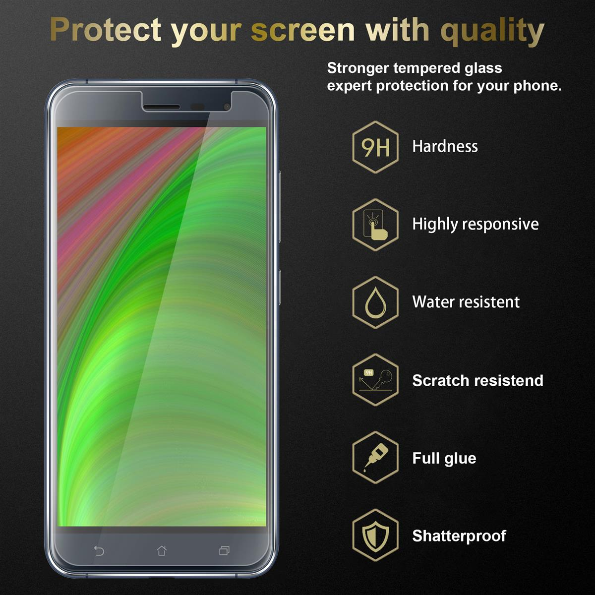 Smartphone con protezione dello schermo applicata, con testo che descrive le funzionalità.