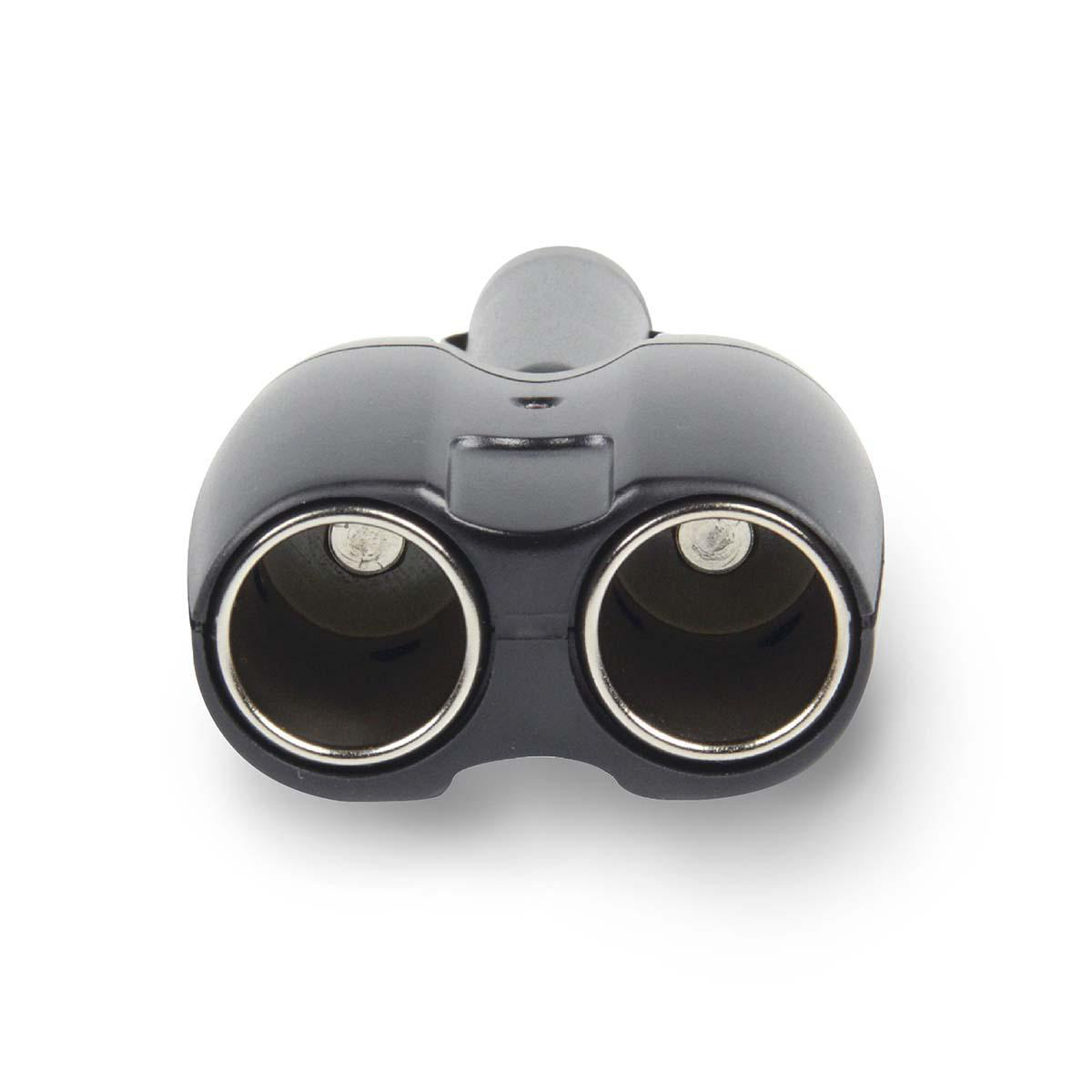 Adaptador de encendedor doble, negro, con dos enchufes hembra.