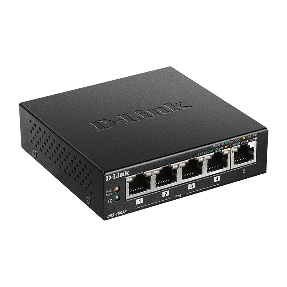 Switch di rete D-Link nero con porte e spie.