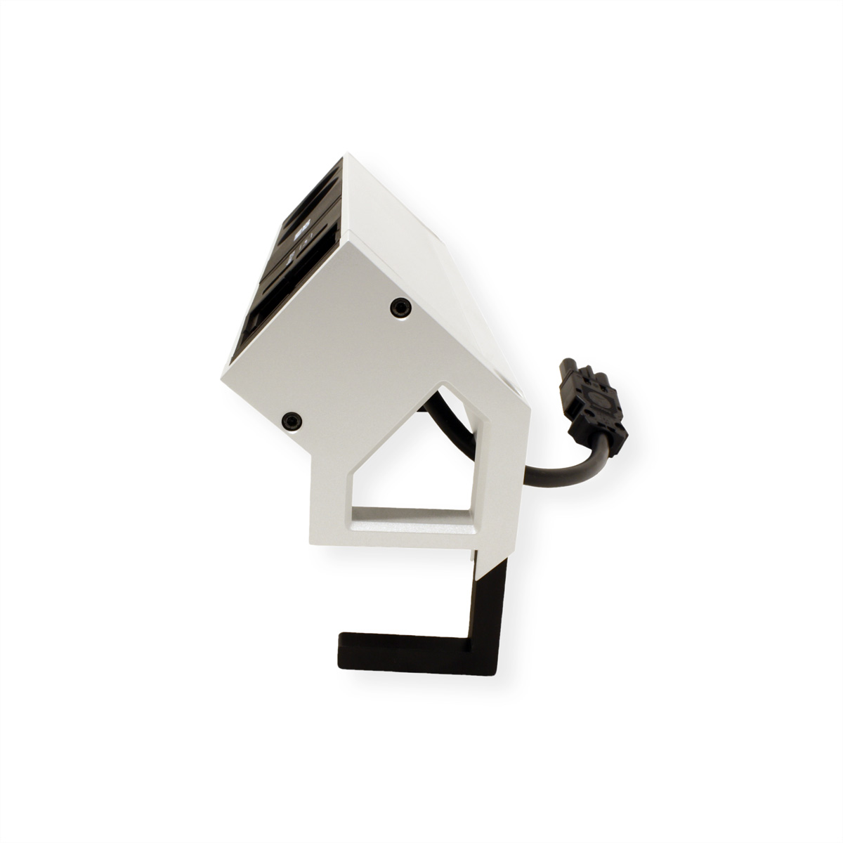 Biało-czarne nowoczesne urządzenie z czarnym kablem. Białe tło.