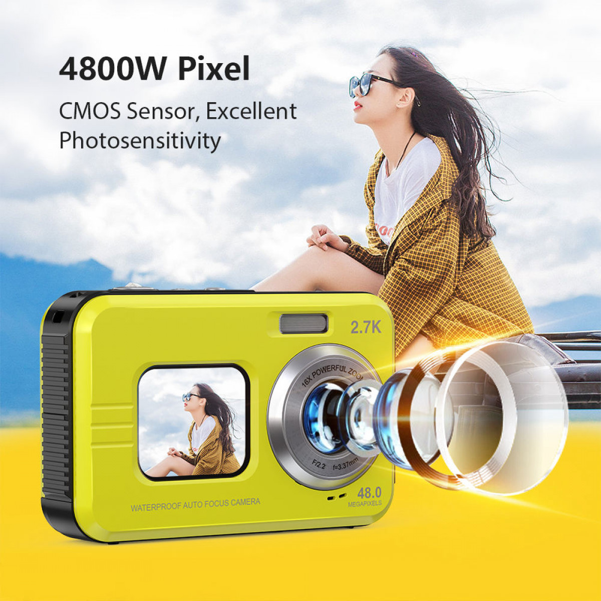 Kobieta w okularach przeciwsłonecznych trzymająca żółty aparat, z tekstem o 4800W pikselach i czujniku CMOS.