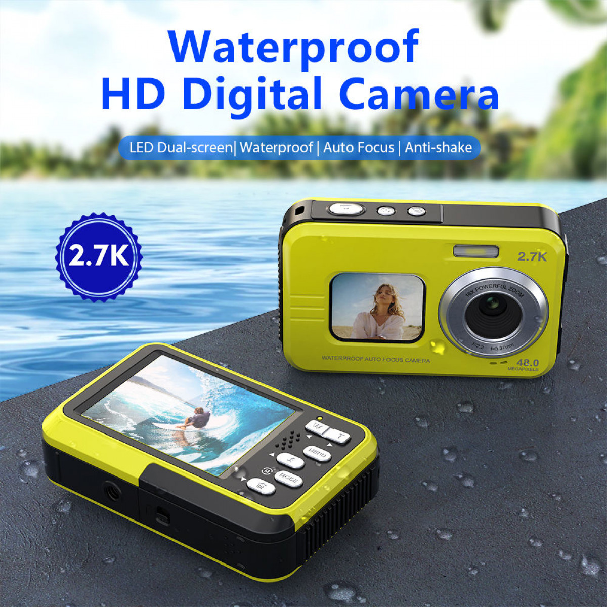 Żółty wodoodporny aparat cyfrowy z wyświetlaczem i obiektywem, na ciemnej powierzchni.