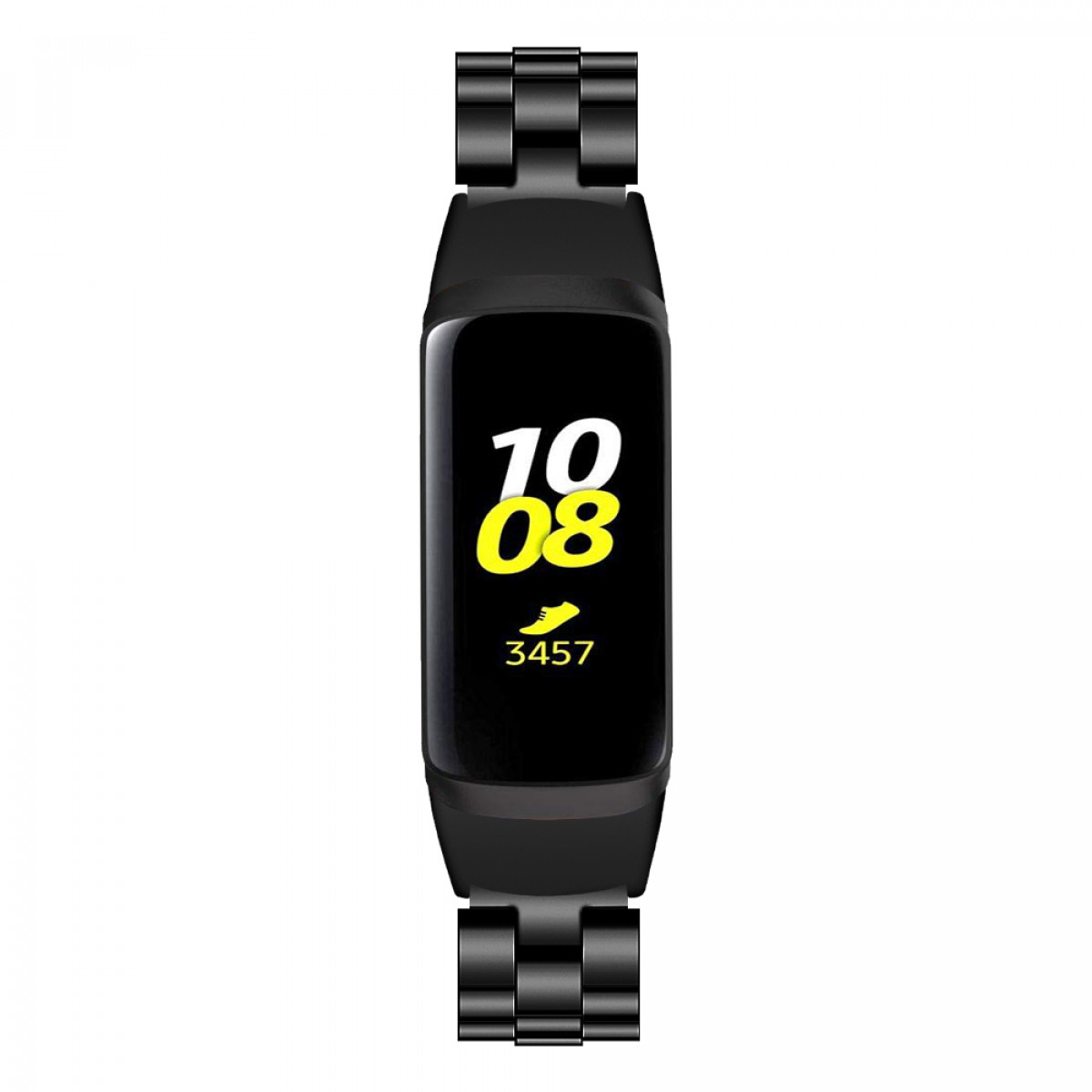 Ein schwarzer Fitnesstracker mit einem Bildschirm, der die Uhrzeit und Schritte anzeigt. Er hat ein schwarzes Metallband.