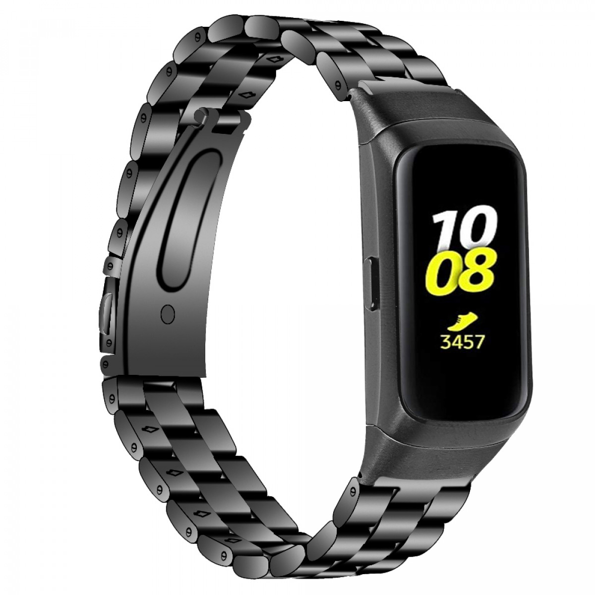 Schwarze Smartwatch mit Metallarmband. Der Bildschirm zeigt Zeit und Schrittzahl. Weißer Hintergrund.