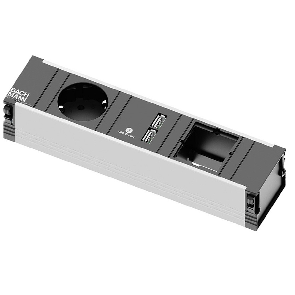 Biało-szara listwa zasilająca z gniazdem, portami USB i przegrodą, na białej powierzchni.