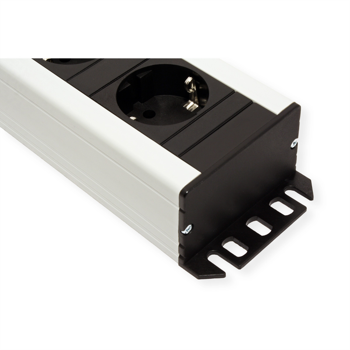 Zbliżenie srebrno-czarnej listwy zasilającej z dwoma gniazdami.