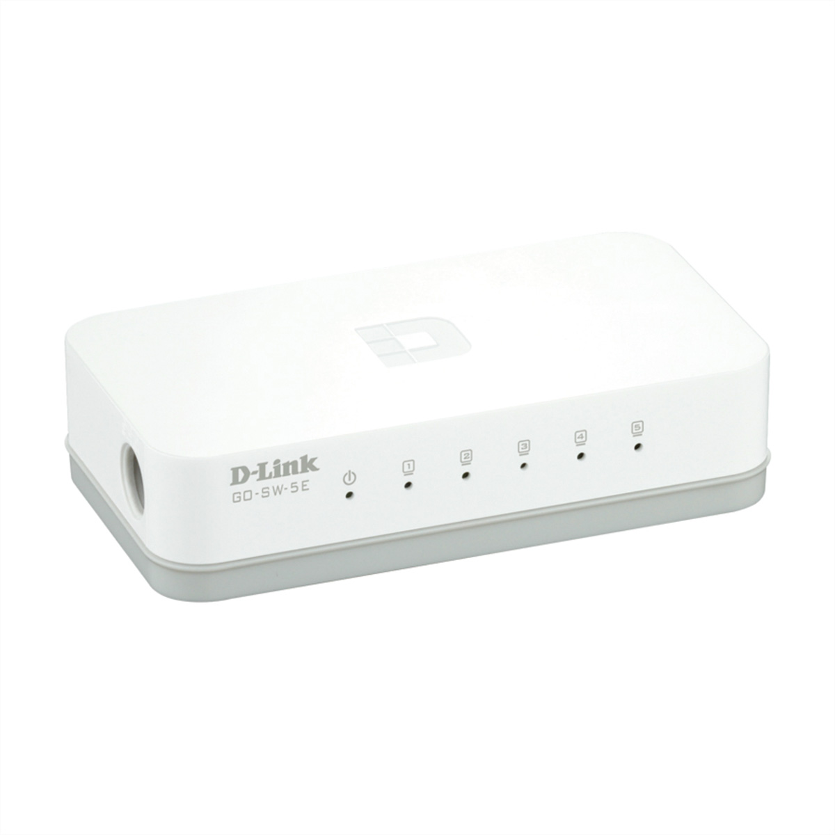 Switch di rete D-Link bianco con 5 porte e base grigia.