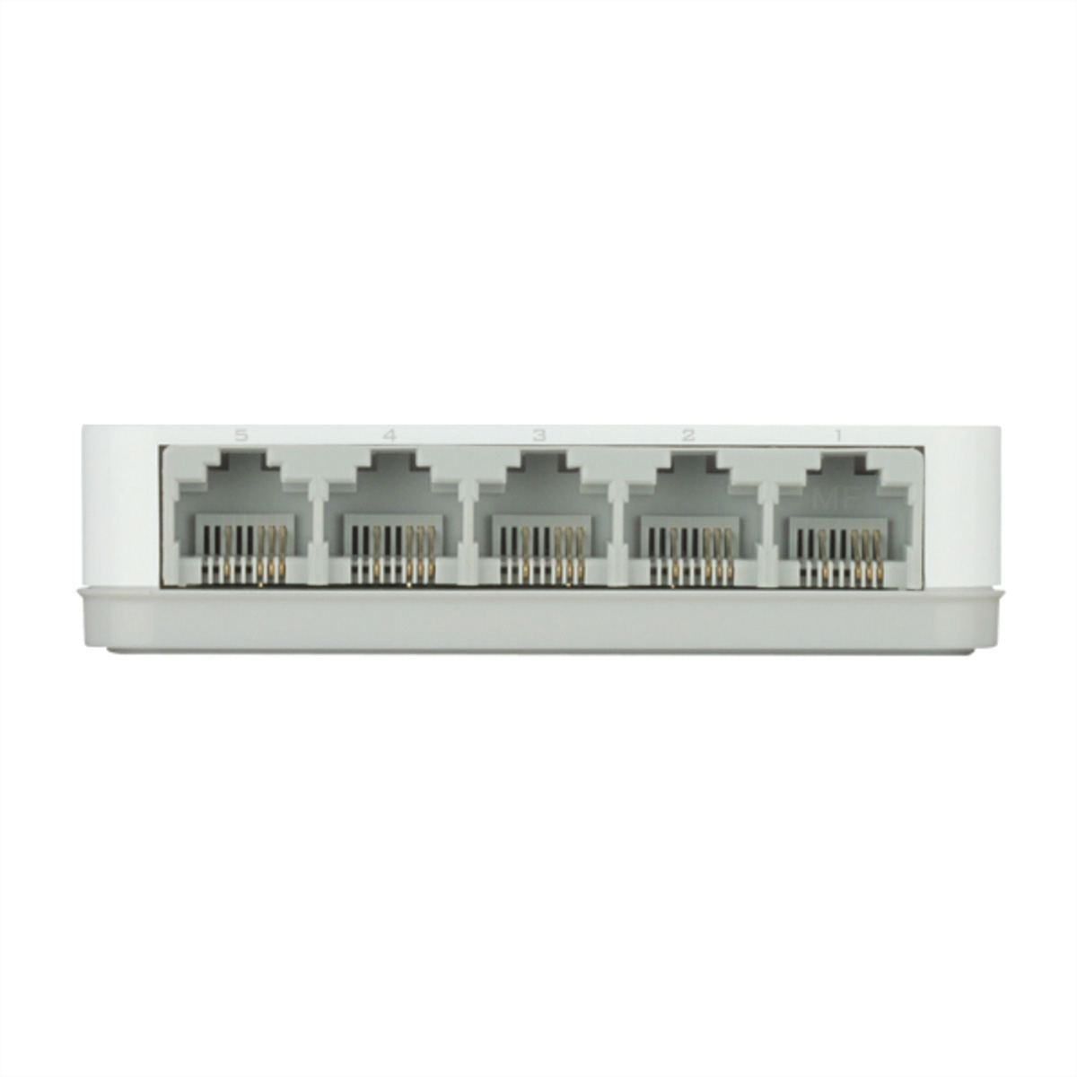 Uno switch di rete bianco con cinque porte su sfondo bianco.