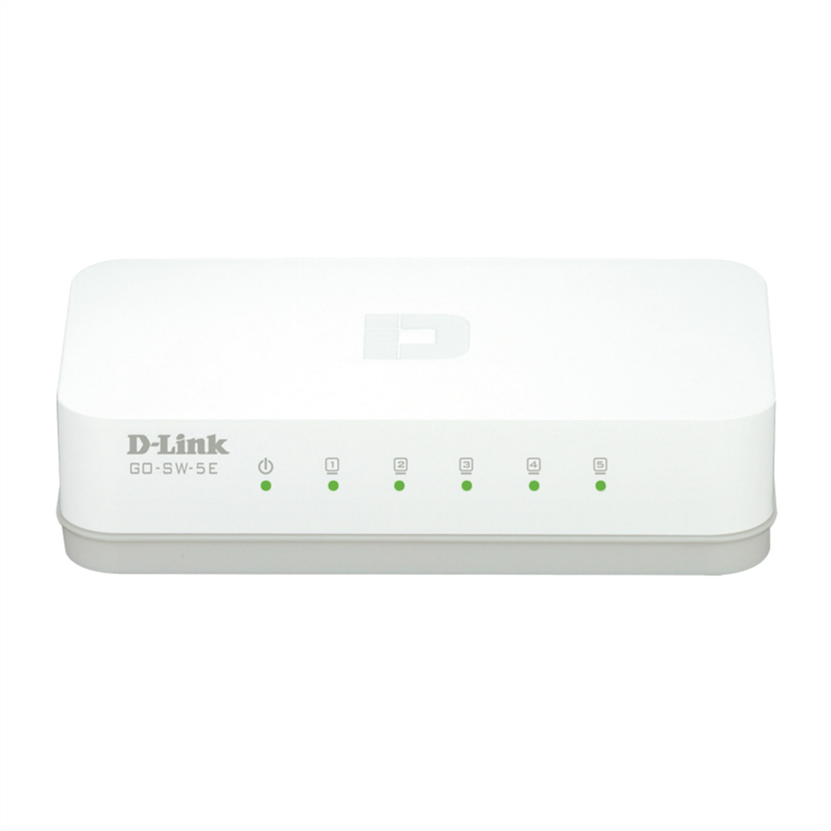 Switch di rete D-Link bianco con cinque luci verdi, su una superficie bianca.