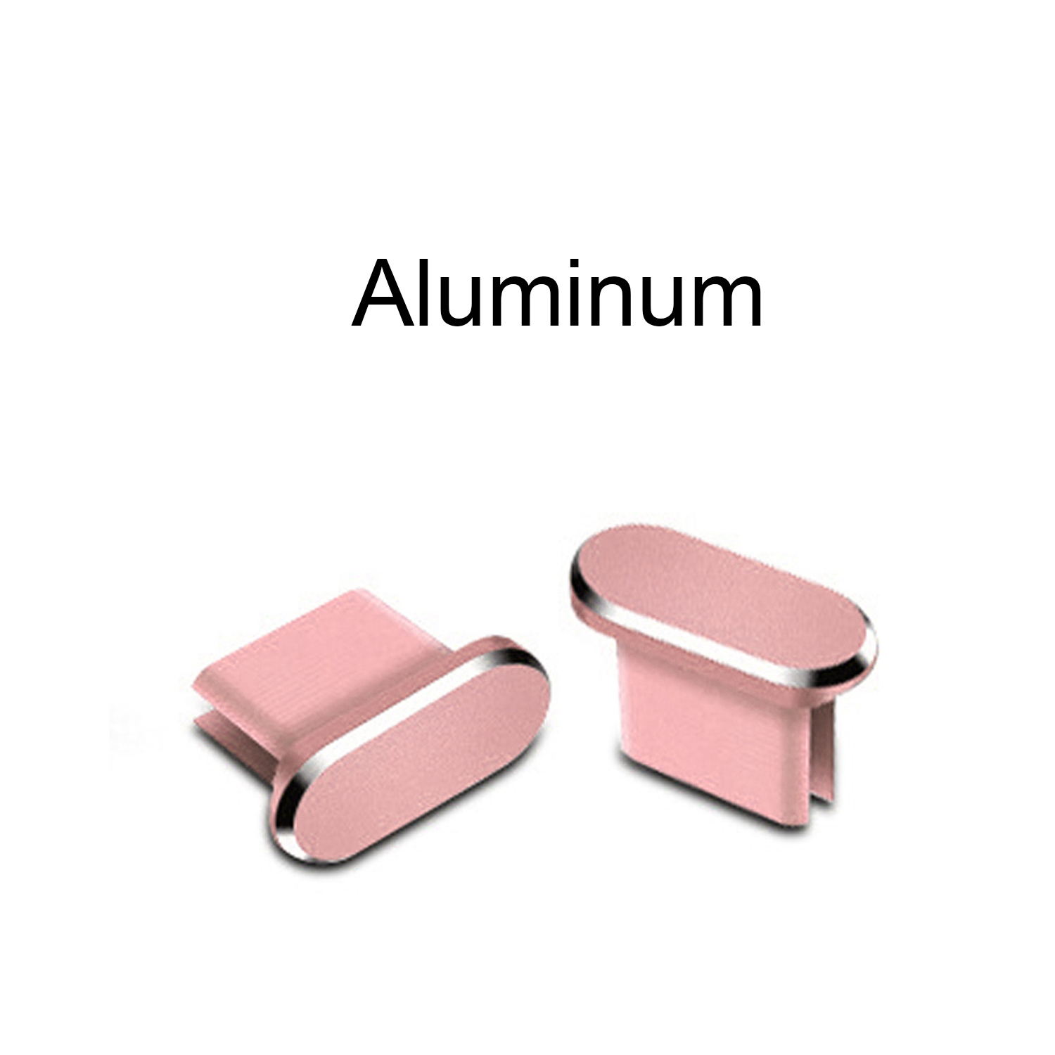 Due tappi antipolvere in alluminio rosa con bordo argentato, per proteggere le porte del telefono.