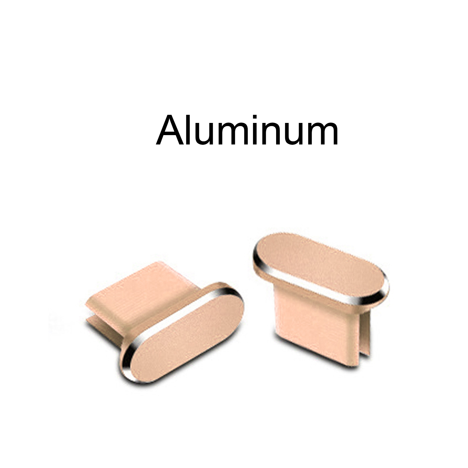 Due tappi antipolvere in alluminio beige con bordo argentato, per proteggere le porte del telefono.