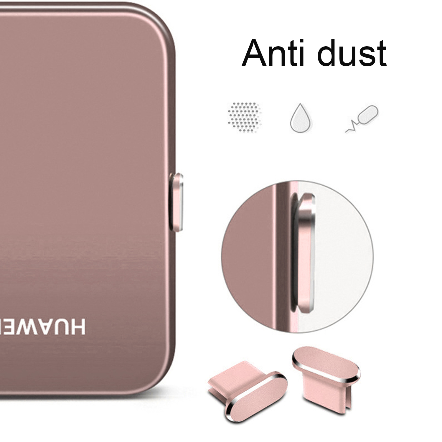 Telefono oro rosa con pulsante antipolvere, piccolo dettaglio circolare e pulsanti.