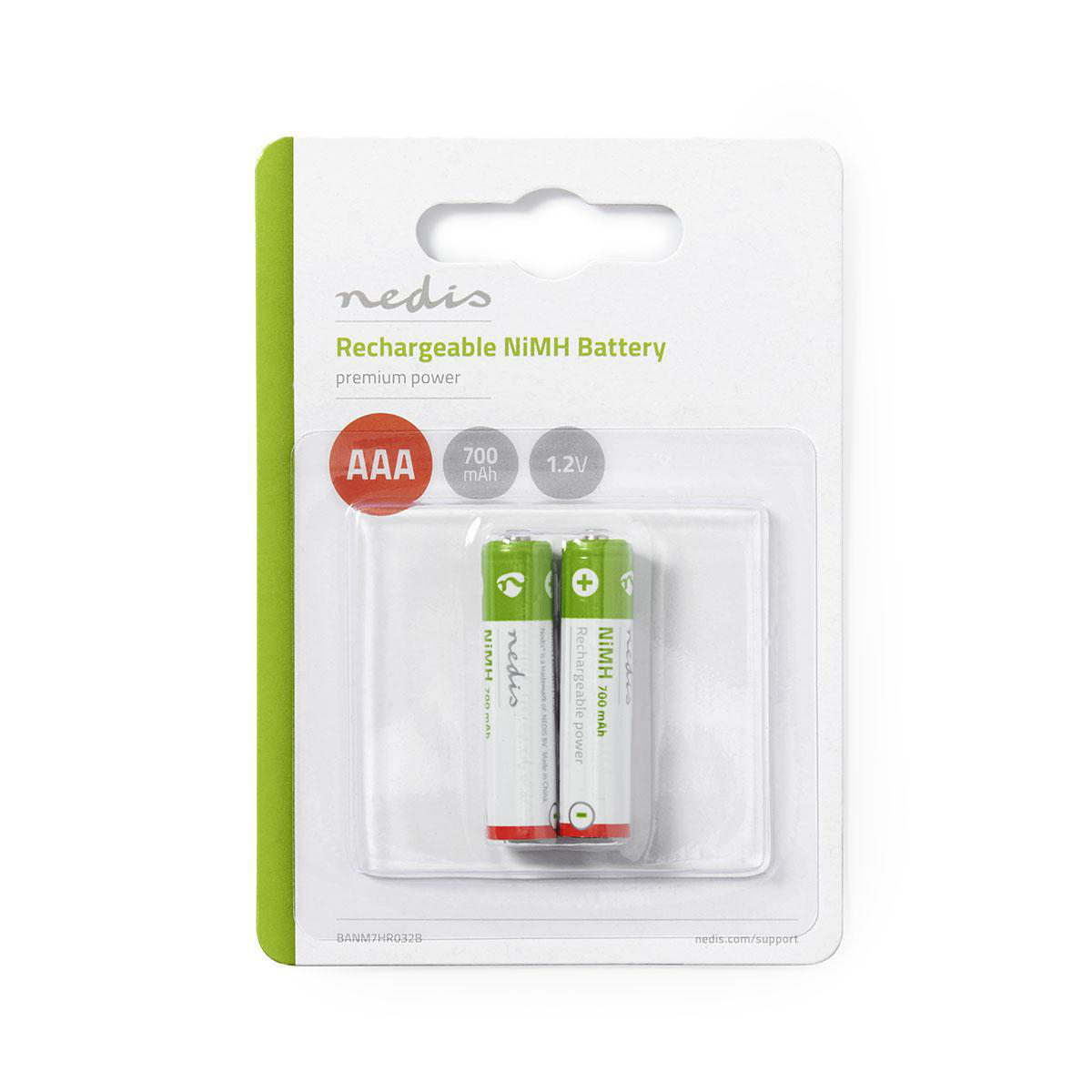 Two AAA rechargeable NiMH batteries in a blister pack. White and green packaging. White background.