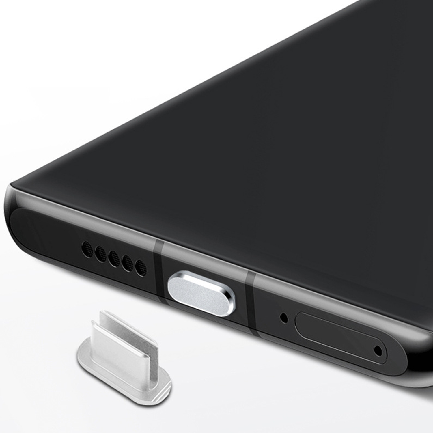 Telefono nero, sostituzione del pulsante antipolvere argento e fori per altoparlanti.