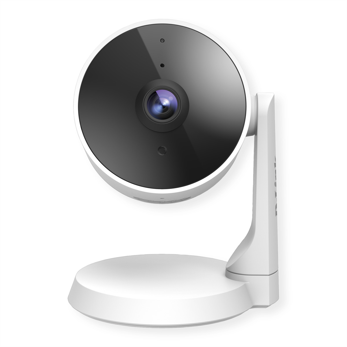 Una telecamera di sicurezza bianca su un supporto. Ha un obiettivo nero e una base rotonda.