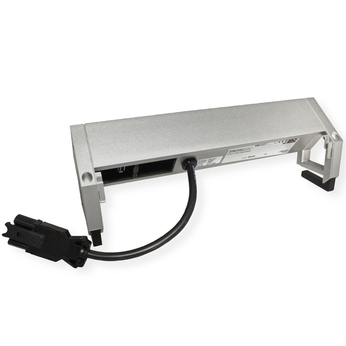 Srebrna listwa zasilająca z czarną wtyczką i kablem. Białe tło.