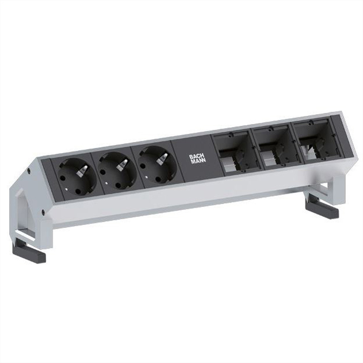 Srebrna i czarna listwa zasilająca z 5 gniazdami. Tło jest białe.