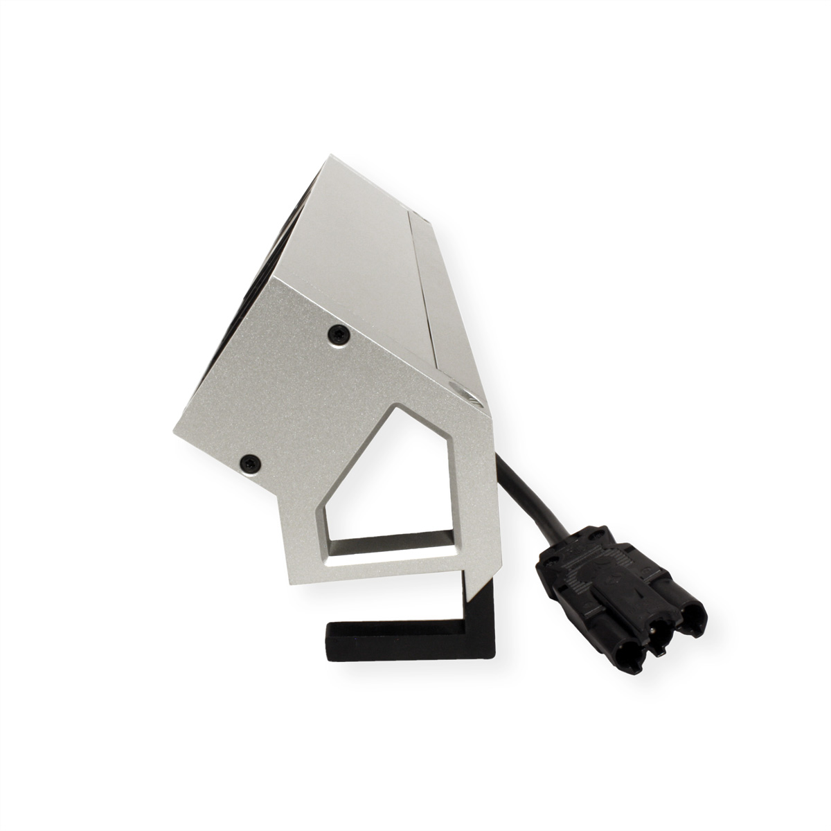 Srebrne urządzenie z czarnym złączem na białym tle.