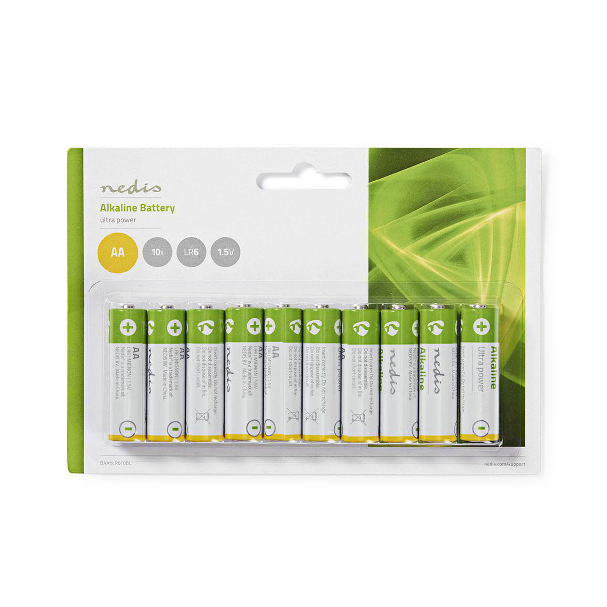Confezione da dieci batterie alcaline AA in una confezione verde e bianca.
