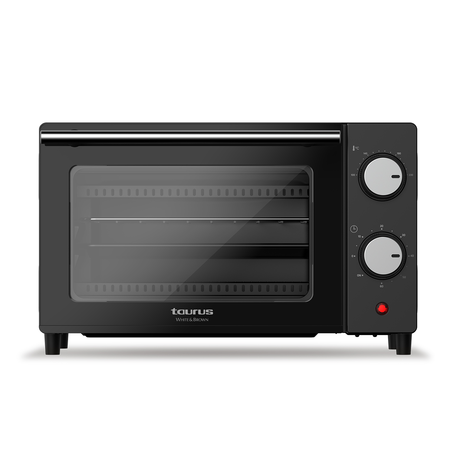 Horno negro con dos mandos y luz roja, con la marca 'taurus'.