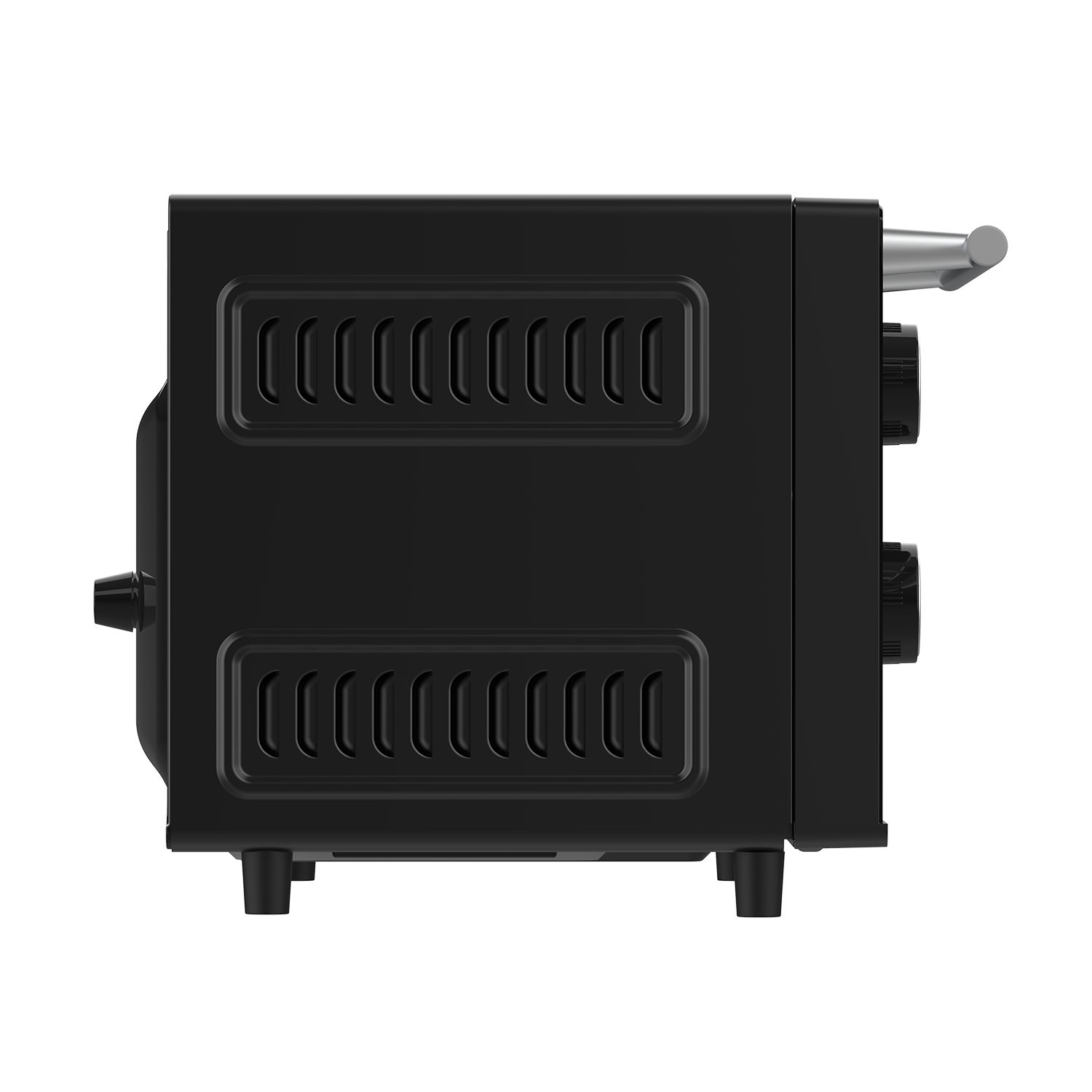 Un horno negro, vista lateral. Tiene ranuras de ventilación y diales en el lateral. Fondo blanco.