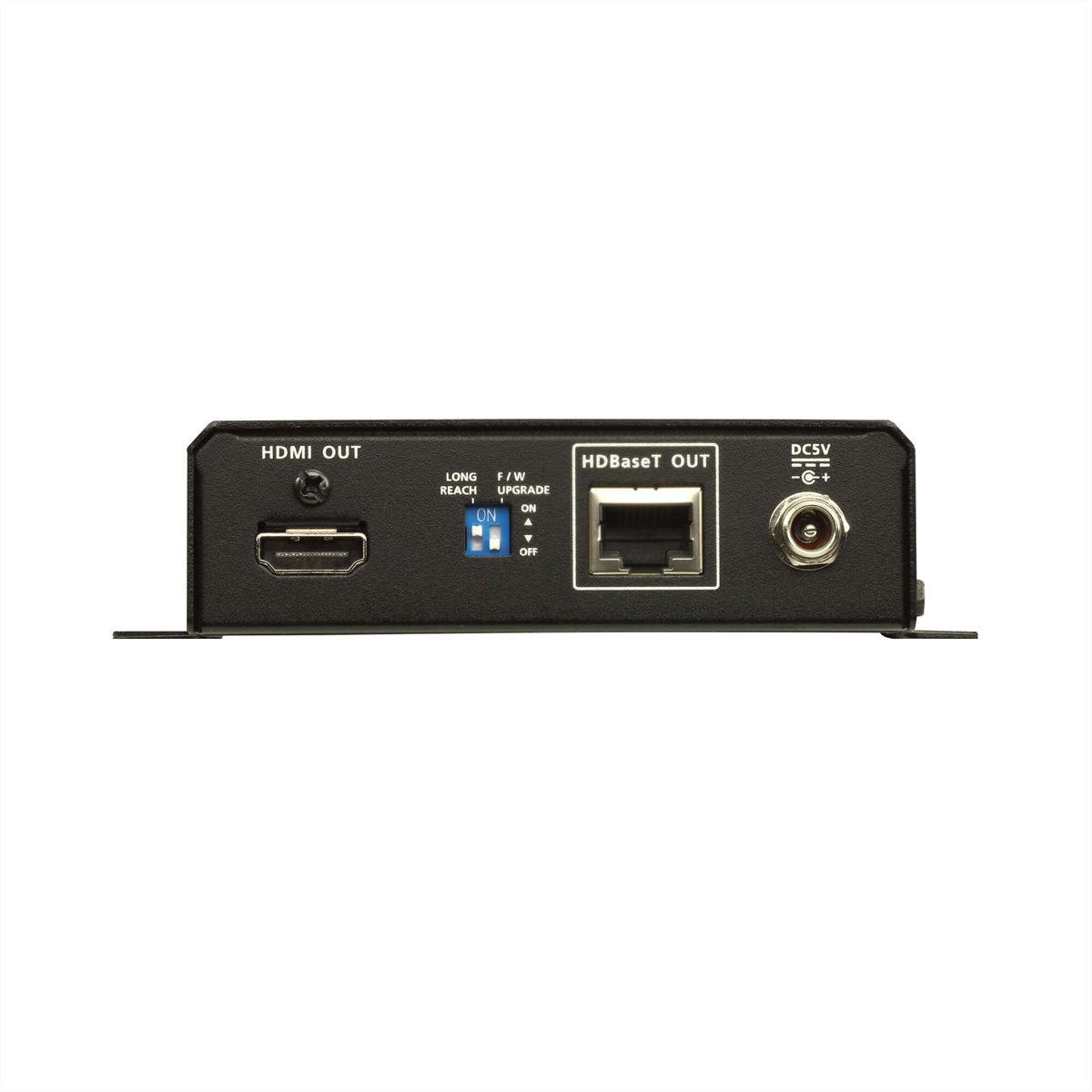 Ein schwarzer HDMI-Extender mit Anschlüssen 'HDMI OUT', 'HDBaseT OUT' und 'DCSV' auf weißem Hintergrund.