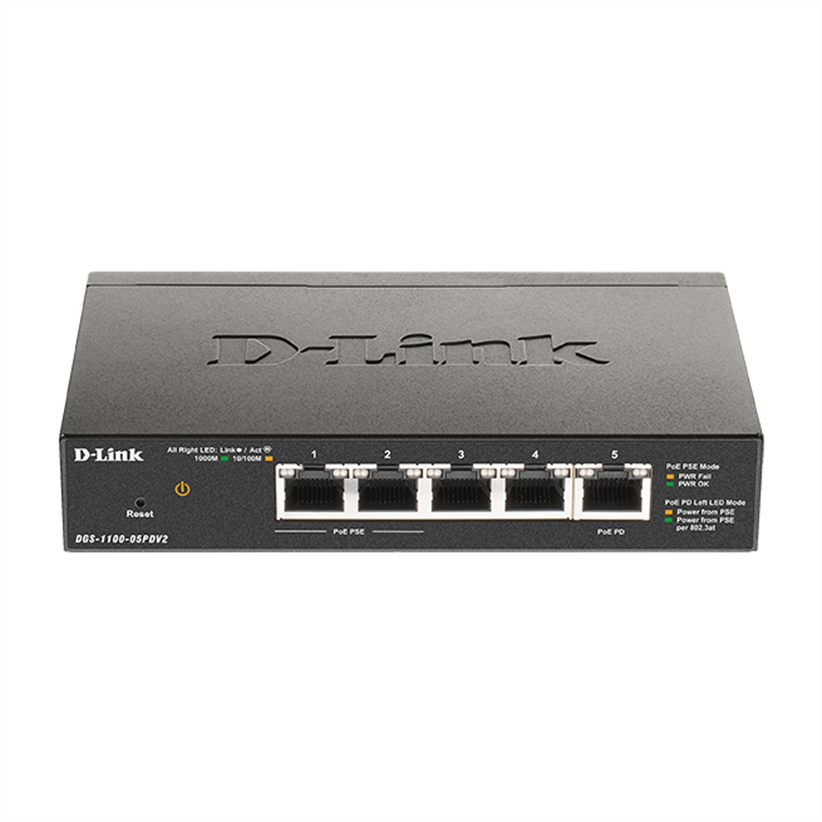 Switch de red D-Link negro con cinco puertos, logo 'D-Link' y luces indicadoras sobre fondo blanco.