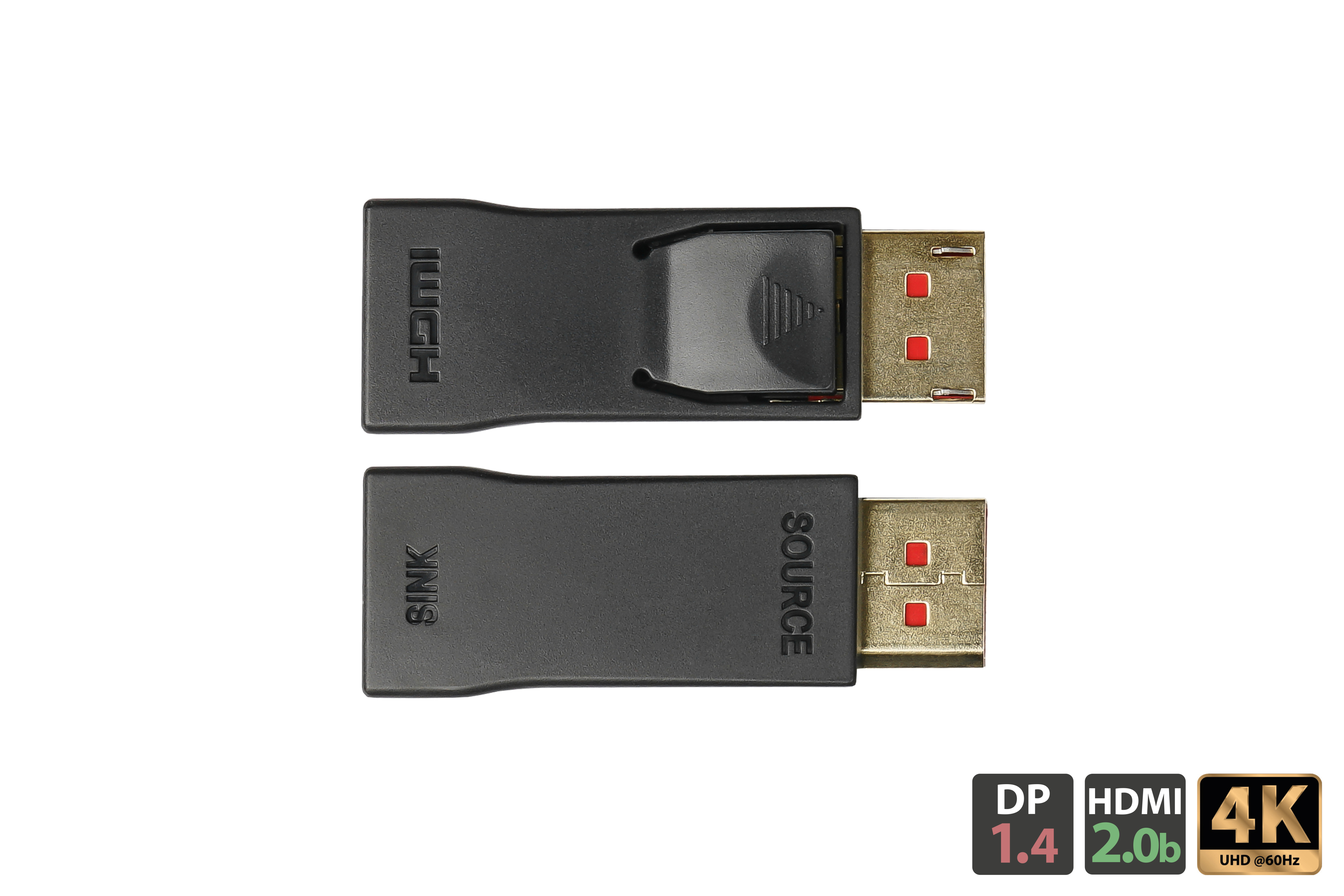Zwei HDMI-zu-DisplayPort-Adapter, schwarz, mit Anschlüssen an jedem Ende, vor weißem Hintergrund.