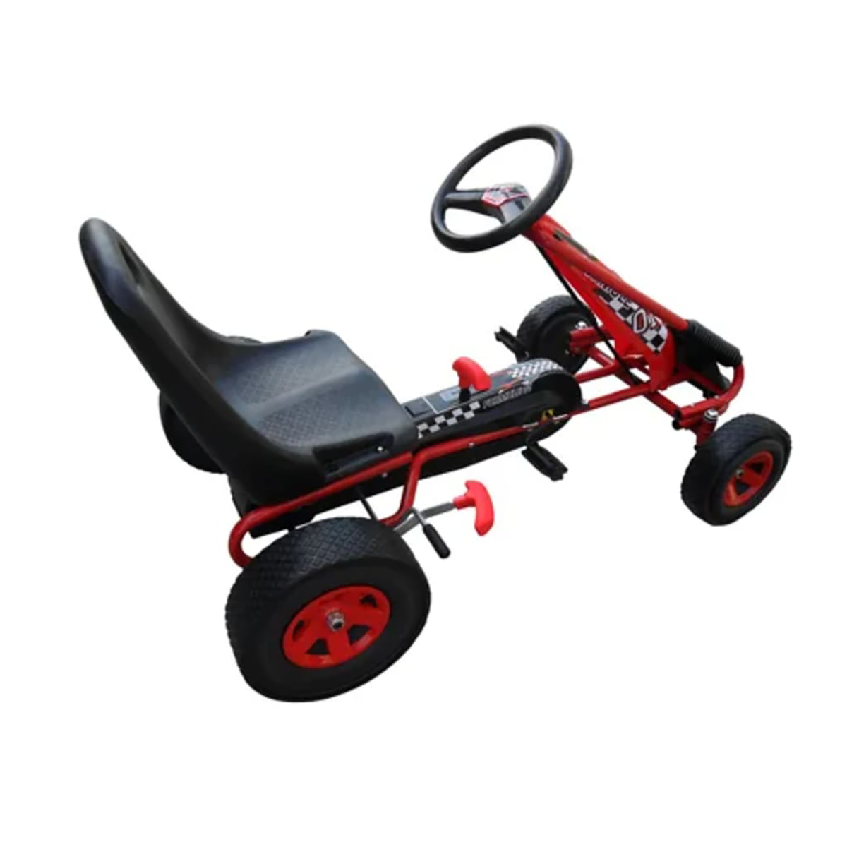 Ein rotes Go-Kart mit schwarzem Sitz und Reifen sowie einem schwarzen Lenkrad.