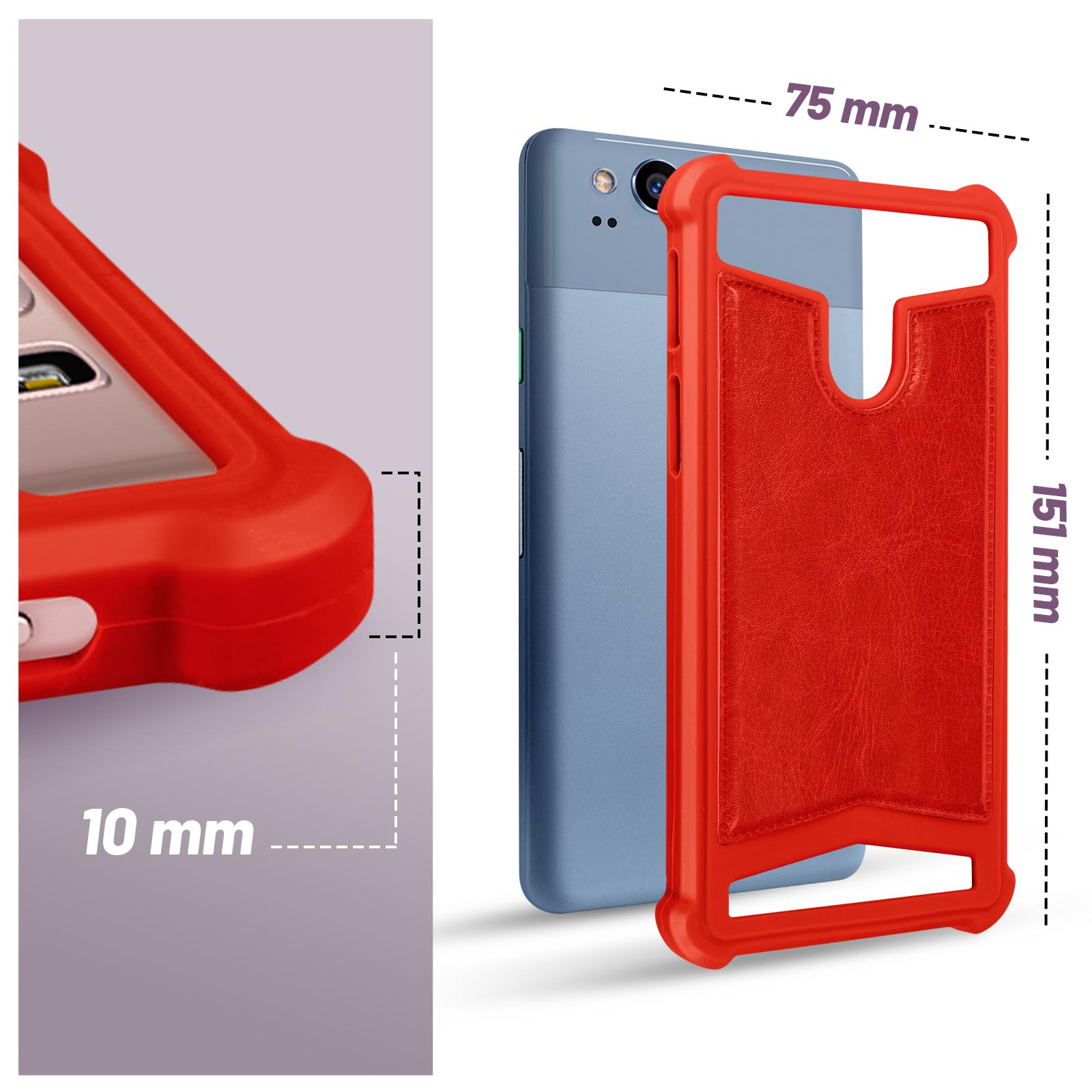 Custodia per telefono rossa, con un telefono all'interno e misure etichettate sul lato.
