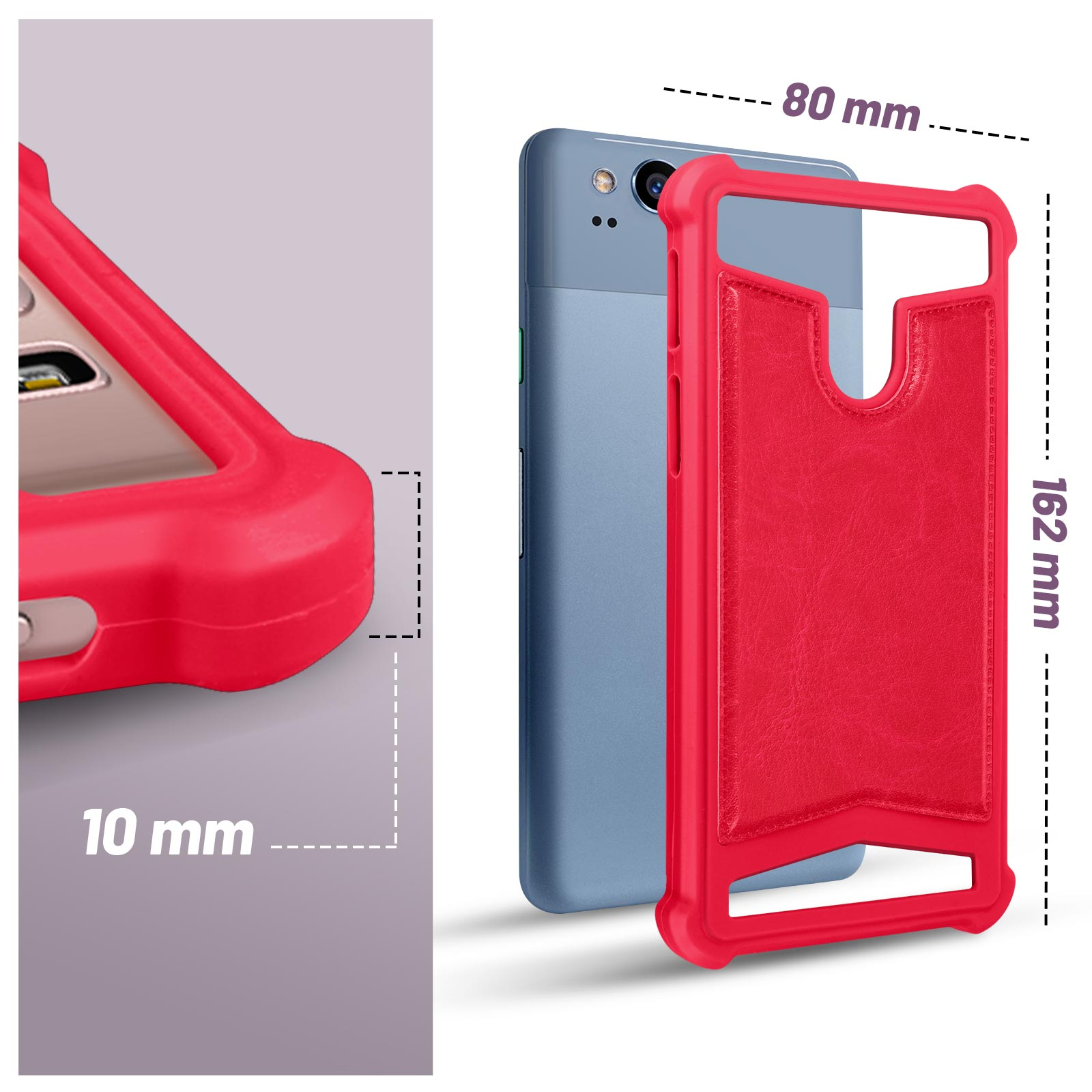 Custodia rossa per telefono con fessura per carte. Il telefono è blu. Le dimensioni sono indicate.