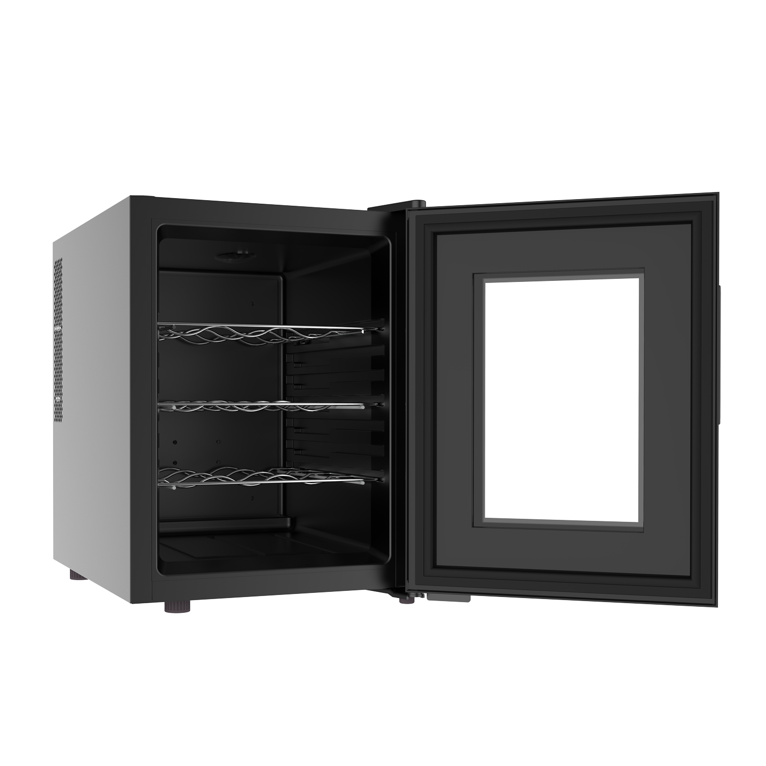 Mini-nevera negra con puerta de vidrio abierta, mostrando estantes. Fondo blanco.