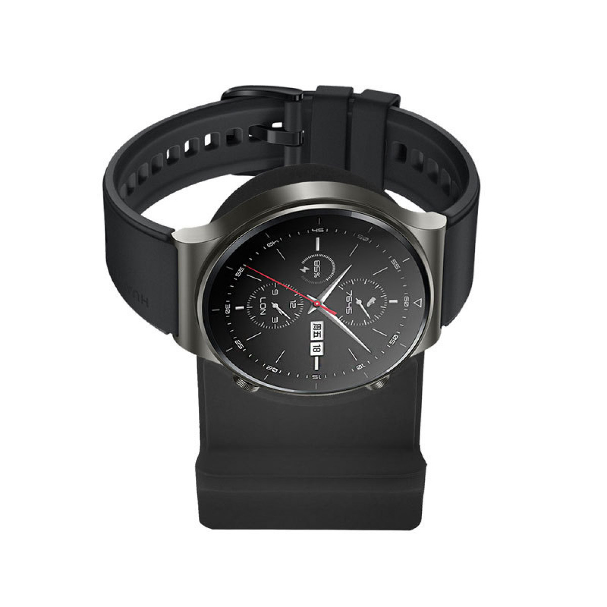 Eine schwarze Smartwatch auf einer Ladestation, zeigt Zeit und Datum an.